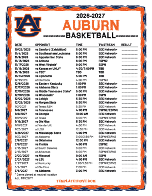 Auburn Tigers Basketball 2026-27 Printable Schedule - Pacific Times