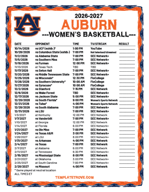 2024-25 Printable Auburn Tigers Women's Basketball Schedule