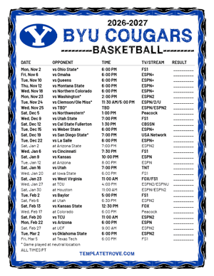 BYU Cougars Basketball 2026-27 Printable Schedule - Pacific Times