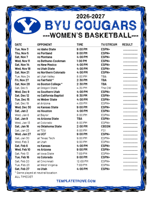 2024-25 Printable BYU Cougars Women's Basketball Schedule