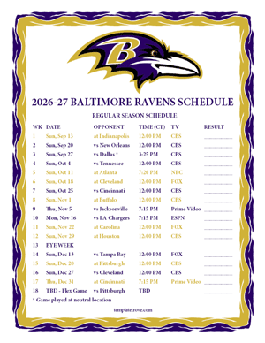 Baltimore Ravens 2026-27
Printable Schedule - Central Times
