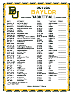 Baylor Bears Basketball 2026-27 Printable Schedule - Central Times