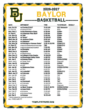 Baylor Bears Basketball 2026-27 Printable Schedule - Pacific Times