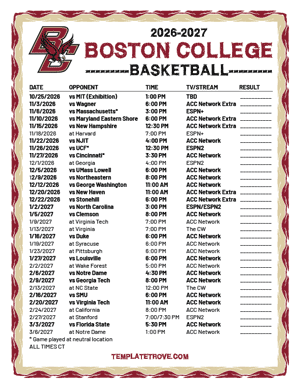 Boston College Eagles Basketball 2026-27 Printable Schedule - Central Times