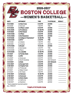2025-26 Printable Boston College Eagles Women's Basketball Schedule