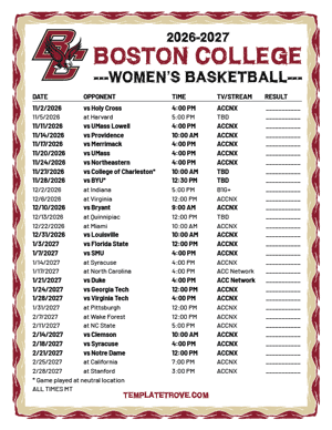 Boston College Eagles women's basketball 2026-27 Printable Schedule - Mountain Times