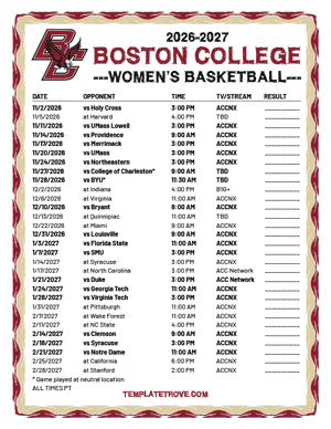 Boston College Eagles women's basketball 2026-27 Printable Schedule - Pacific Times