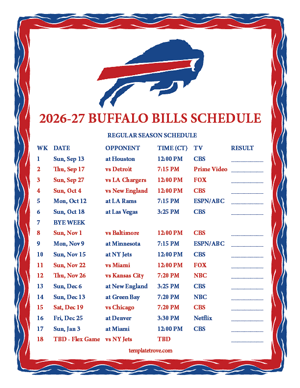 Buffalo Bills 2026-27
Printable Schedule - Central Times