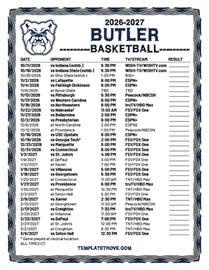 Butler Bulldogs Basketball 2026-27 Printable Schedule - Central Times