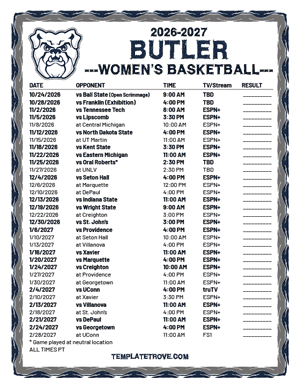 Butler Bulldogs Women's Basketball 2026-27 Printable Schedule - Pacific Times