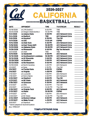2024-25 Printable California Golden Bears Basketball Schedule