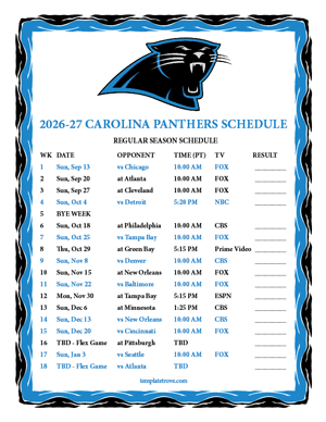 Carolina Panthers 2026-27
Printable Schedule - Pacific Times
