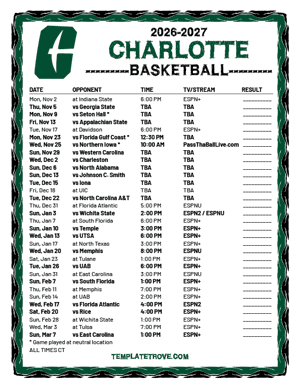 Charlotte 49ers Pirates Basketball 2026-27 Printable Schedule - Central Times