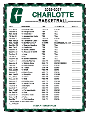 2024-25 Printable Charlotte 49ers Basketball Schedule