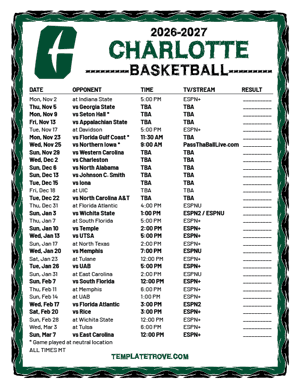 Charlotte 49ers Pirates Basketball 2026-27 Printable Schedule - Mountain Times