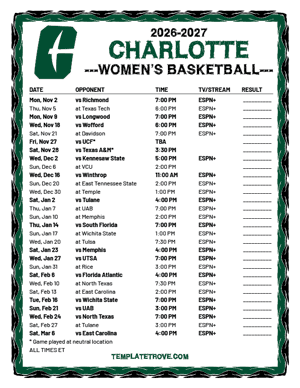 2024-25 Printable Charlotte 49ers Women's Basketball Schedule