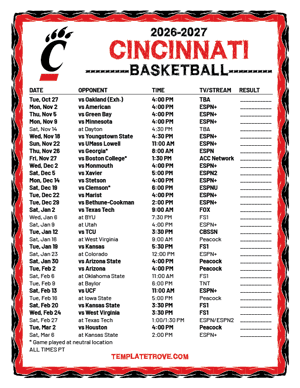 Cincinnati Bearcats Basketball 2026-27 Printable Schedule - Pacific Times
