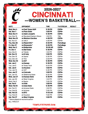 Cincinnati Bearcats Women's Basketball 2026-27 Printable Schedule - Central Times