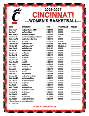2024-25 Printable Cincinnati Bearcats Women's Basketball Schedule