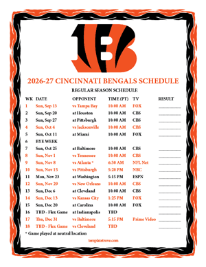 Cincinnati Bengals 2026-27
 Printable Schedule - Pacific Times