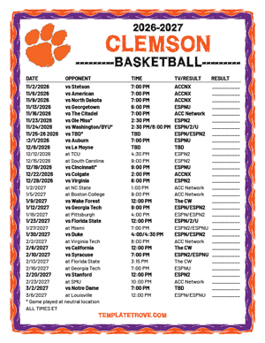 2024-25 Printable Clemson Tigers Basketball Schedule