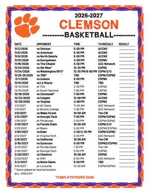 Clemson Tigers Basketball 2026-27 Printable Schedule - Mountain Times