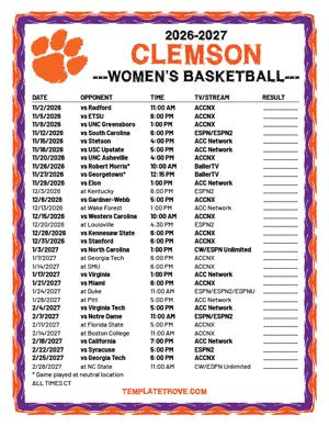 Clemson Tigers women's basketball 2026-27 Printable Schedule - Central Times