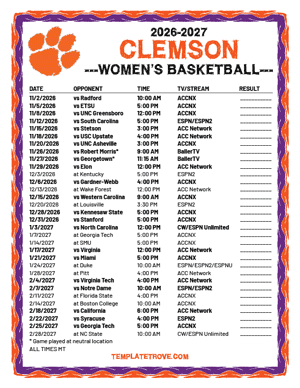 Clemson Tigers women's basketball 2026-27 Printable Schedule - Mountain Times
