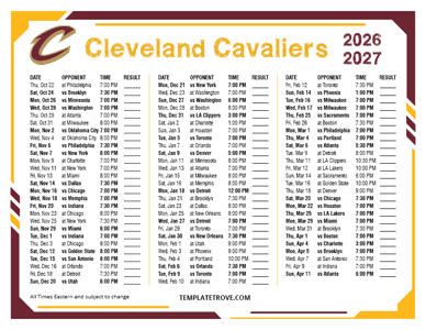 Cleveland Cavaliers 2026-27 Printable Schedule