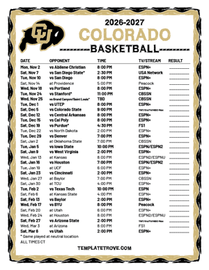 Colorado Buffaloes Basketball 2026-27 Printable Schedule - Central Times