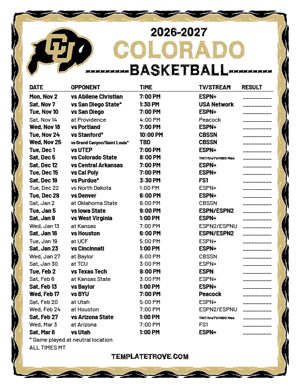 Colorado Buffaloes Basketball 2026-27 Printable Schedule - Mountain Times