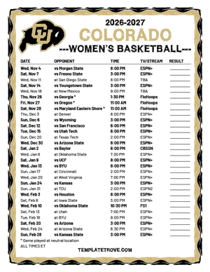 2024-25 Printable Colorado Buffaloes Women's Basketball Schedule