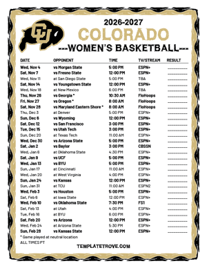 Colorado Buffaloes Women's Basketball 2026-27 Printable Schedule - Pacific Times