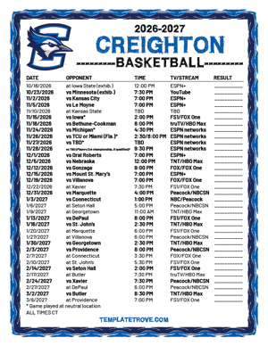 Creighton Bluejays Basketball 2026-27 Printable Schedule - Central Times