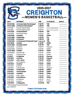 2024-25 Printable Creighton Bluejays Women's Basketball Schedule