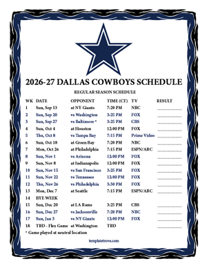 Dallas Cowboys 2026-27
 Printable Schedule - Central Times