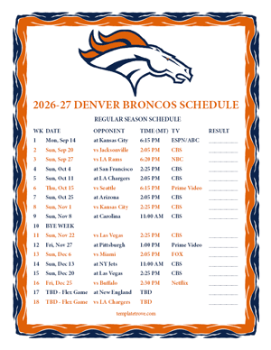 Denver Broncos 2026-27
Printable Schedule - Mountain Times
