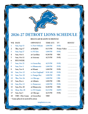 Detroit Lions 2026-27
Printable Schedule