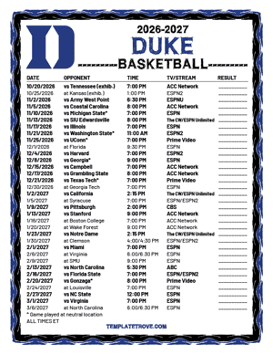 2024-25 Printable Duke Blue Devils Basketball Schedule