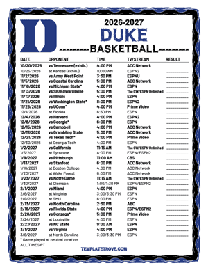 Duke Blue Devils Basketball 2026-27 Printable Schedule - Pacific Times
