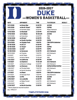 Duke Blue Devils women's basketball 2026-27 Printable Schedule - Central Times