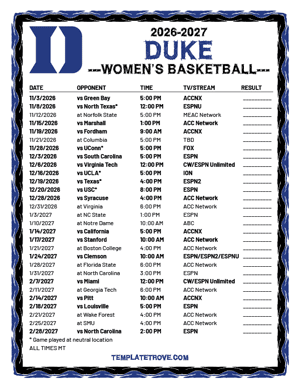 Duke Blue Devils women's basketball 2026-27 Printable Schedule - Mountain Times