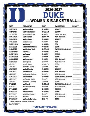 Duke Blue Devils women's basketball 2026-27 Printable Schedule - Pacific Times