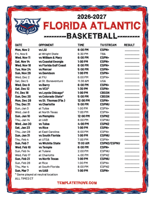 Florida Atlantic Owls Basketball 2026-27 Printable Schedule - Central Times
