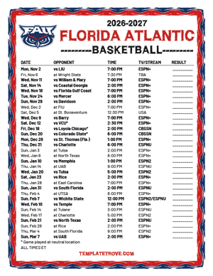 2024-25 Printable Florida Atlantic Basketball Schedule