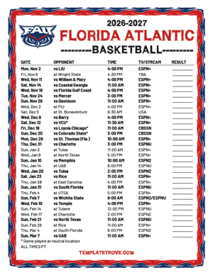 Florida Atlantic Owls Basketball 2026-27 Printable Schedule - Pacific Times