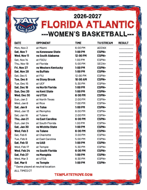 Florida Atlantic Owls women's basketball 2026-27 Printable Schedule - Central Times