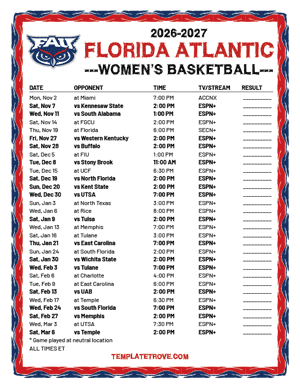 2024-25 Printable Florida Atlantic Women's Basketball Schedule