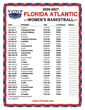 Florida Atlantic Owls women's basketball 2026-27 Printable Schedule - Pacific Times