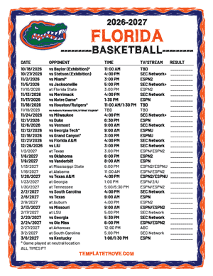 Florida Gators Basketball 2026-27 Printable Schedule - Pacific Times